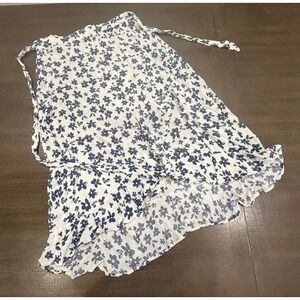 Altar'd State Floral Wrap Midi Skirt Navy White Size L Ruffle Hem Tie Waist